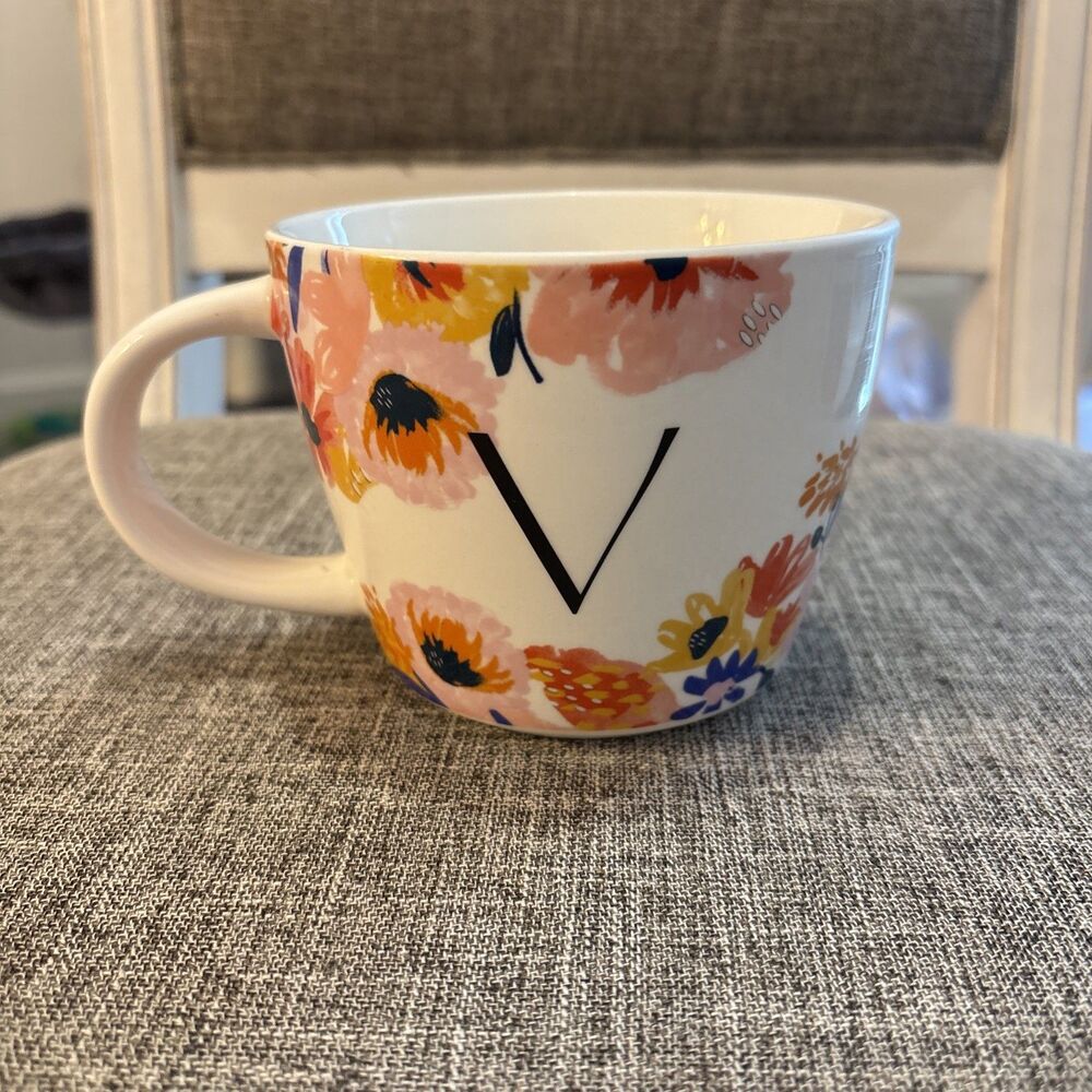 Opalhouse Floral Monogram Letter V Stoneware Mug 3 1/2”